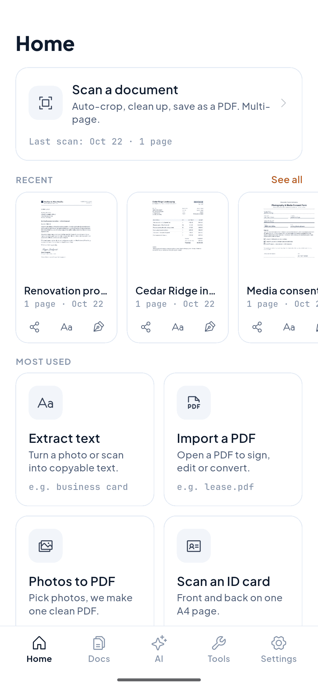 ScannerFlow Home tab: Scan a document tile, recent scans, and the Most used grid with Extract text, Import a PDF, Photos to PDF and Scan an ID card