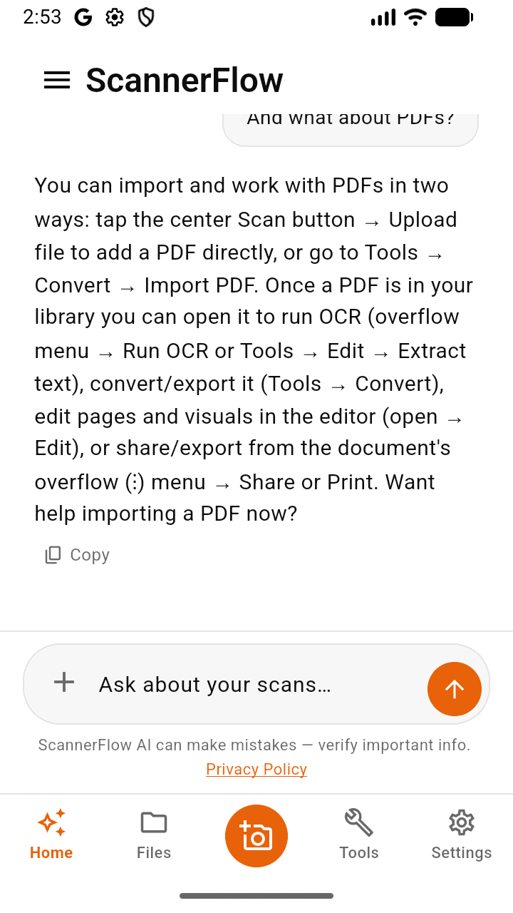 ScannerFlow Tools home screen with Scan, Edit, Convert and Ask AI tabs