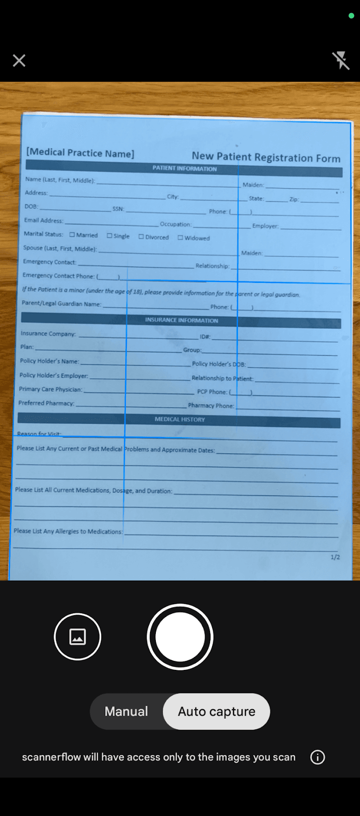 ScannerFlow camera scanning a paper document with auto edge detection