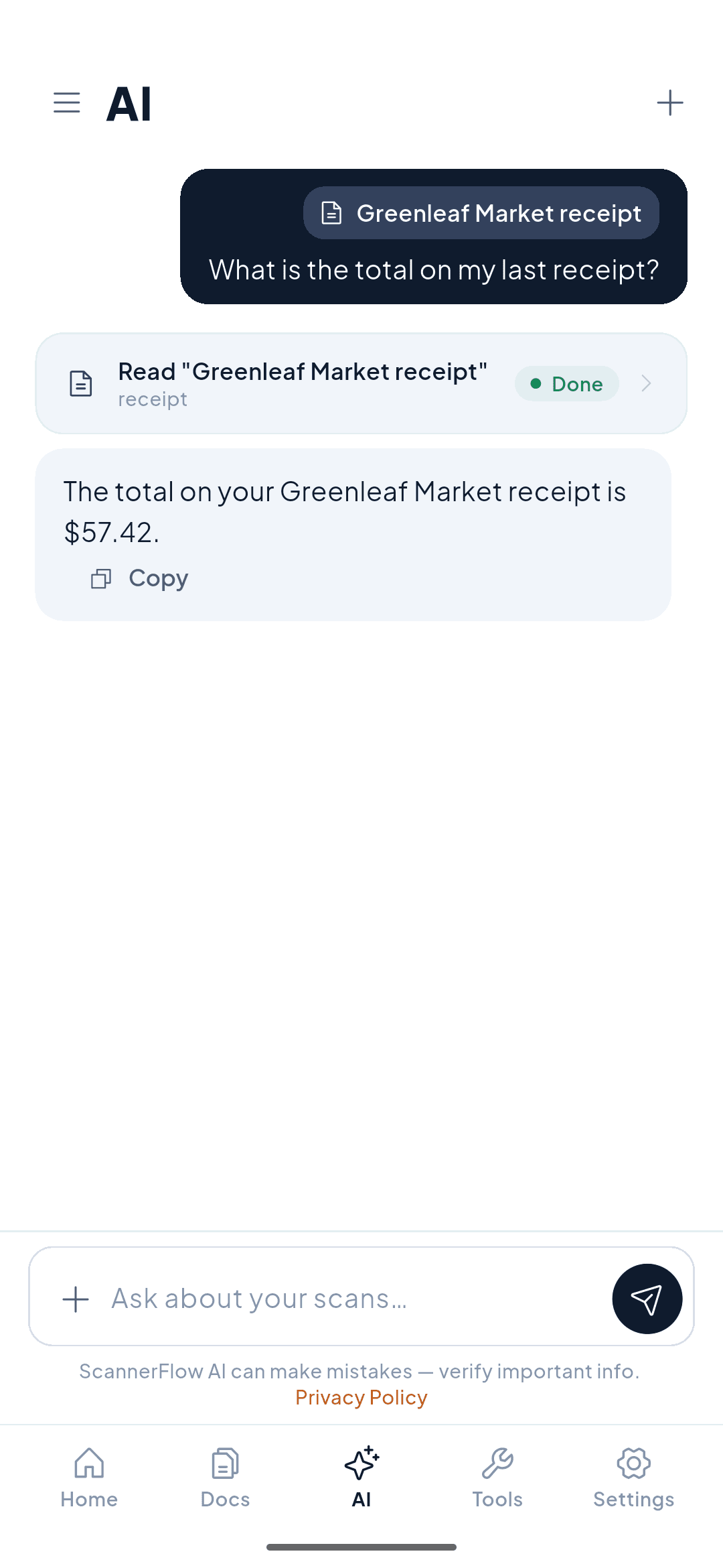ScannerFlow AI tab answering “What is the total on my last receipt?” from an attached receipt scan